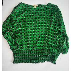 Michael Kors Womens XL Green Geometric Print Blouse Smocked Waist Long Sleeve